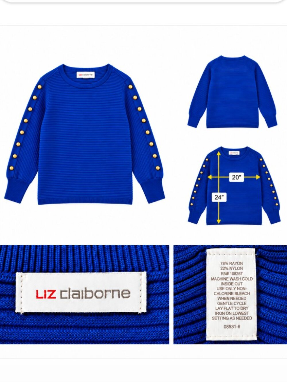 Liz Claiborne Royal Blue Ribbed Gold Button Sleeve Sweater 1X